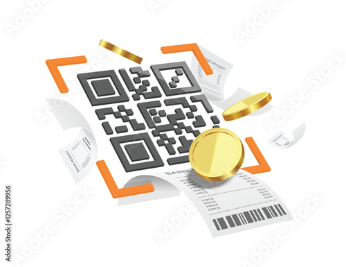There is money or gold coins, receipt paper or statement coming out of the QR code. After scanning to pay for online purchases, vector 3d isolated for payment online, online shopping concept