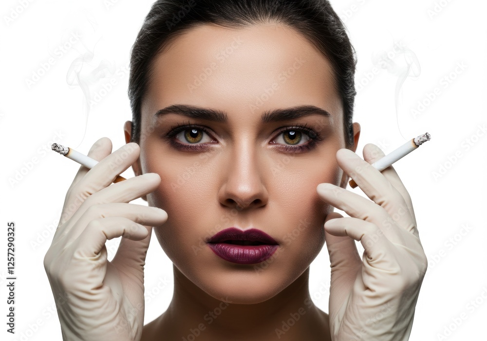 Obraz premium Woman holding cigarettes with gloves against white background