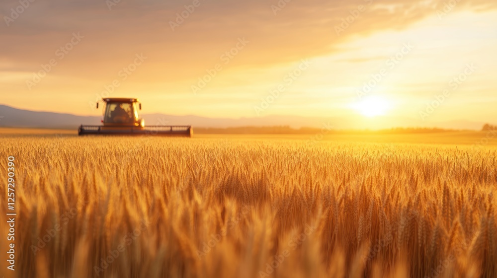 Fototapeta premium A combine harvester works in a vast golden wheat field during sunset, casting a warm glow over the landscape.