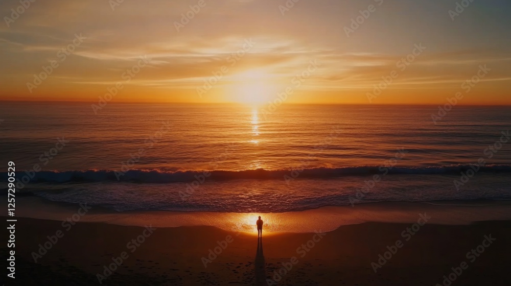 A person stands on the shore, lost in thought as they admire the stunning red and gold sunset reflected in the gentle waves of the ocean A person stands on the shore, lost in thought as they admire the stunning red and gold sunset reflected in the gentle waves of the ocean