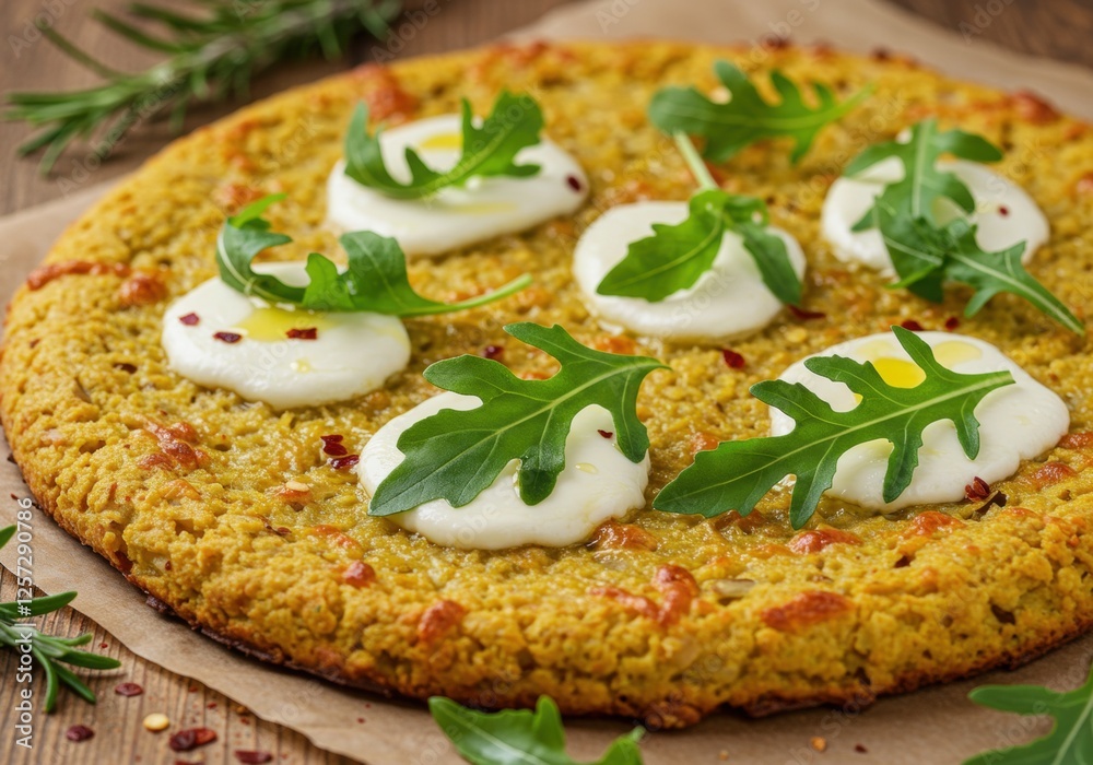 Fresh arugula and mozzarella on gourmet cauliflower pizza crust with herbs Fresh arugula and mozzarella on gourmet cauliflower pizza crust with herbs