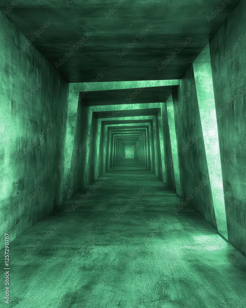 Obraz premium Abstract Green Tunnel with Geometric Patterns and Light Effects