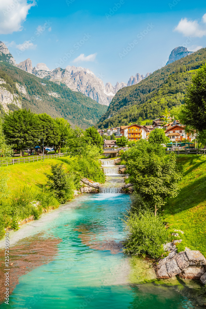 Molveno town and Molveno lake, an alpine lake in Trentino, Italy Molveno town and Molveno lake, an alpine lake in Trentino, Italy
