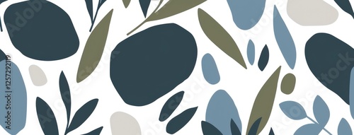 Abstract Botanical Seamless Pattern: Blue, Green, and Gray Organic Shapes and Leaves
