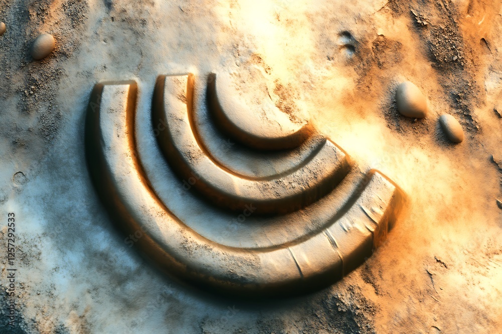 An ancient stone symbol etched into a dusty, alien planet's surface An ancient stone symbol etched into a dusty, alien planet's surface