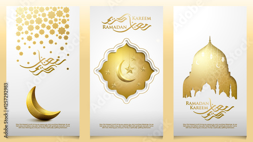 Ramadan Kareem greeting card arabic calligraphy and geometric crescent moon pattern and mosque illustration