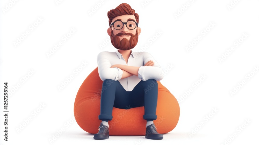 A relaxed, animated character with glasses and a beard sits comfortably on an orange bean bag, exuding a casual and friendly vibe. A relaxed, animated character with glasses and a beard sits comfortably on an orange bean bag, exuding a casual and friendly vibe.