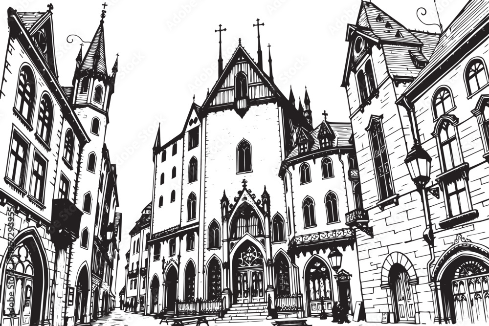 Gothic City landscape. Line urban backdrop. Different buildings on street, outline cityscape hand sketch, flat houses. Hand drawn vector illustration Gothic City landscape. Line urban backdrop. Different buildings on street, outline cityscape hand sketch, flat houses. Hand drawn vector illustration