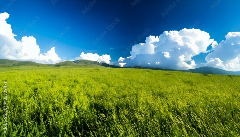 Fototapeta premium green field and blue sky with clouds