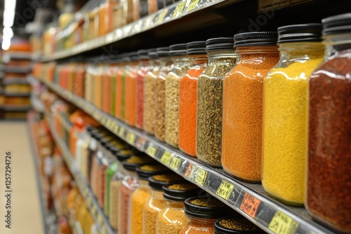 Colorful Spice Jars on Supermarket Shelf in Aisle of Grocery Store