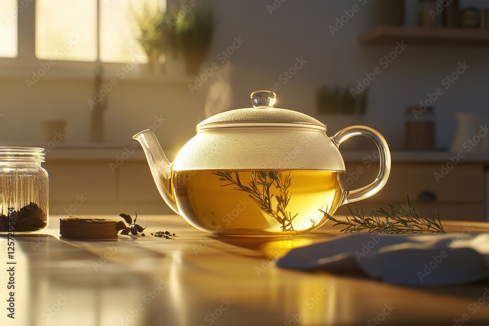 Cozy Herbal Tea Brewing in Warm Kitchen Light Cozy Herbal Tea Brewing in Warm Kitchen Light