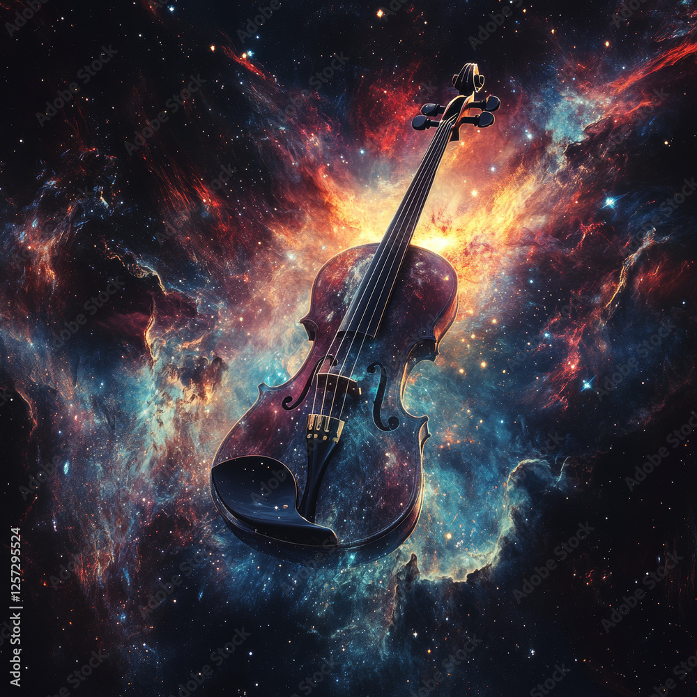 Fototapeta premium Celestial symphony violin in a cosmic landscape abstract art outer space surreal viewpoint musical concept