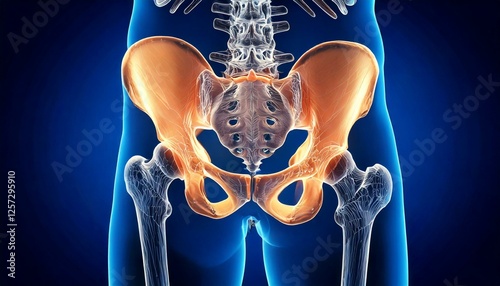 Illustrazione 3D dello scheletro sacrale e dell'anca: osteopatia e anatomia.
