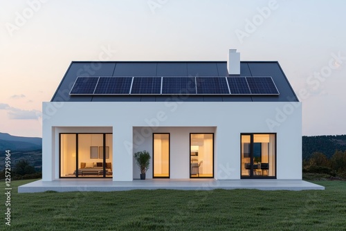 A modern house featuring large windows, a sleek design, and solar panels on the roof, surrounded by a green landscape at dusk.