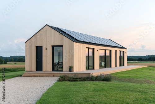 A modern wooden house with large windows and solar panels, set in a spacious green landscape.