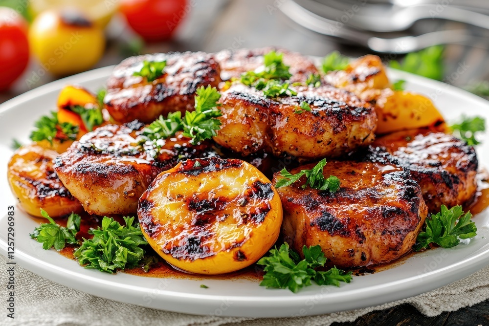 Grilled Chicken Breasts with Charred Peaches and Fresh Parsley Garnish on a White Plate