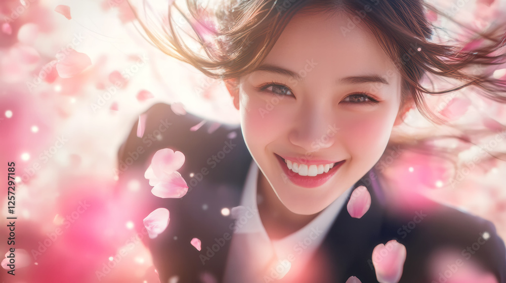 春の桜の中で希望に溢れる女性 春の桜の中で希望に溢れる女性