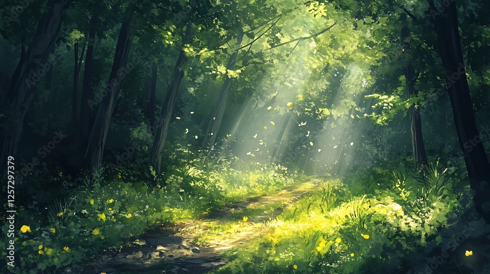 Fototapeta premium Sunbeams Illuminate Forest Path, Summer Nature Scene, Background Butterflies, Ideal for Wallpaper