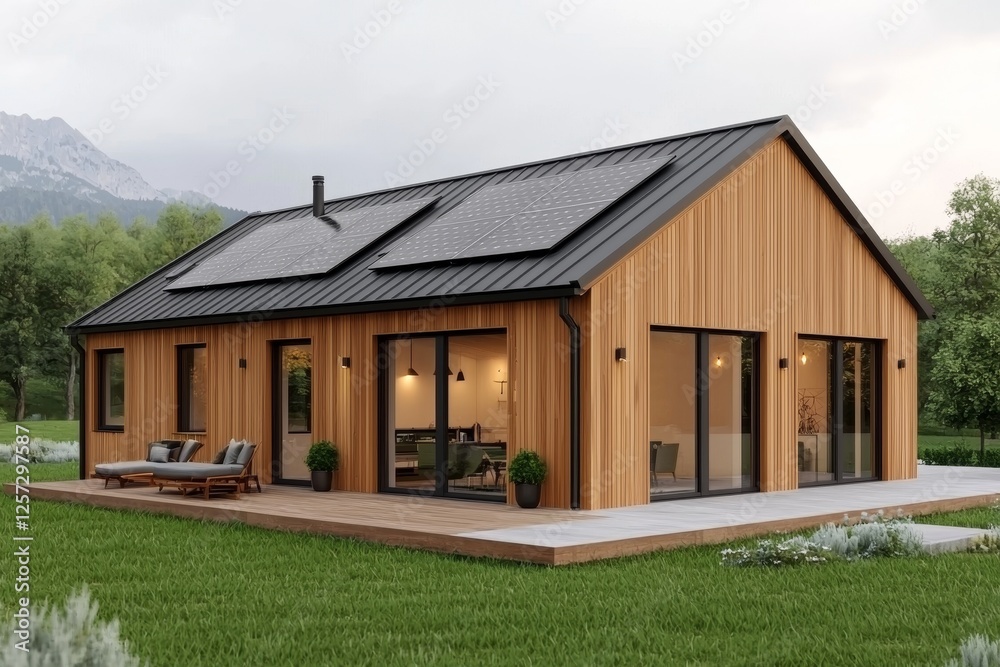 Obraz premium A modern wooden house with a sleek design, featuring large windows, a deck, and solar panels, surrounded by greenery and mountains.