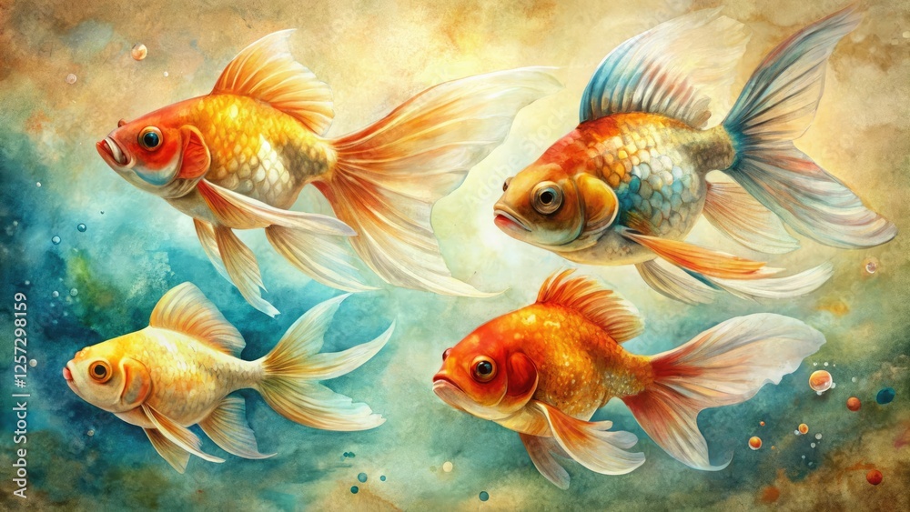 Fototapeta premium Four charming vintage watercolor goldfish, a delightful aquatic collection brimming with personality.
