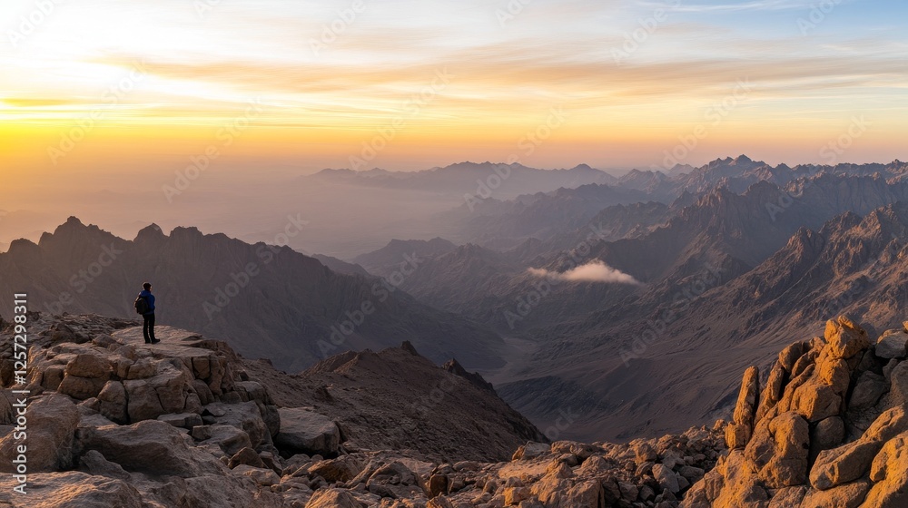 Obraz premium Stunning sunrise view from a mountain peak with a lone hiker overlooking vast landscapes