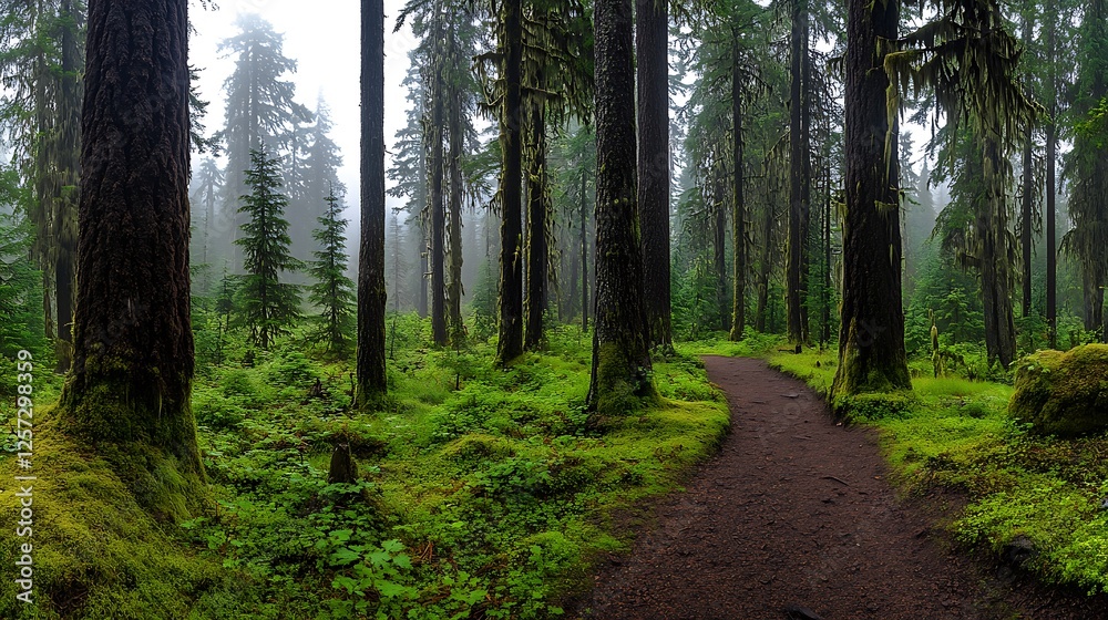 Fototapeta premium Misty Pacific Northwest Trail on a Damp Morning AI Generated