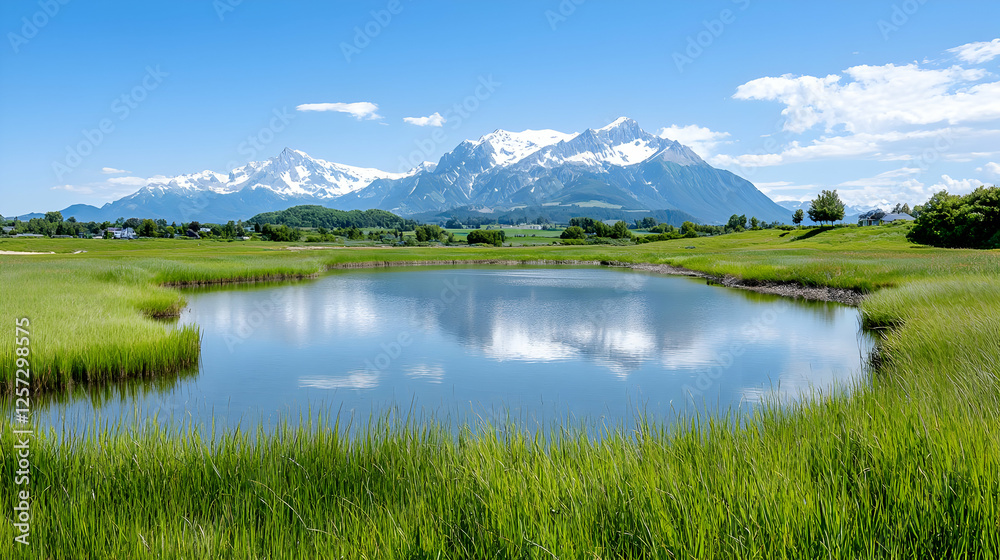 Alpine lake reflection, sunny day, meadow, mountains Alpine lake reflection, sunny day, meadow, mountains
