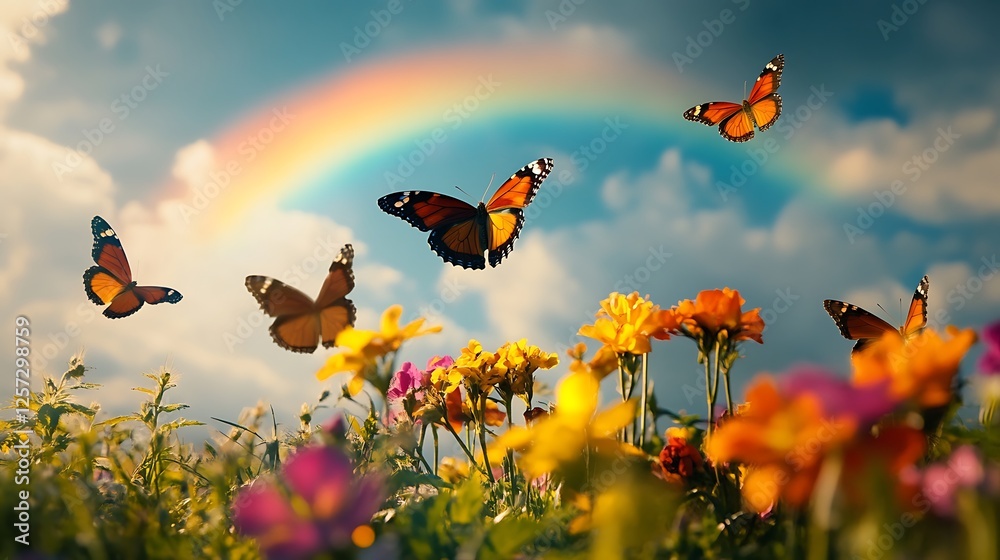 Rainbow Butterflies: Monarch butterflies flutter amidst a vibrant field of wildflowers, a rainbow arcing across a sun-drenched sky, creating a breathtaking scene of nature's beauty. Rainbow Butterflies: Monarch butterflies flutter amidst a vibrant field of wildflowers, a rainbow arcing across a sun-drenched sky, creating a breathtaking scene of nature's beauty.