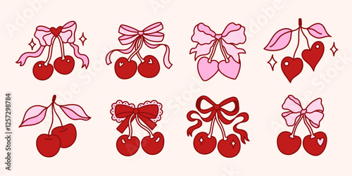 Set of cherries with pretty bows. Cherry Berry with elegant bow knot and ribbon. Coquette aesthetic. Trendy y2k Collection decorative elements. Whimsical clipart. Vector illustration