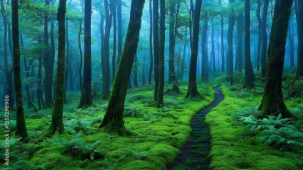 Obraz premium Mystical Forest Path: A Lush Green Landscape Photography AI Generated