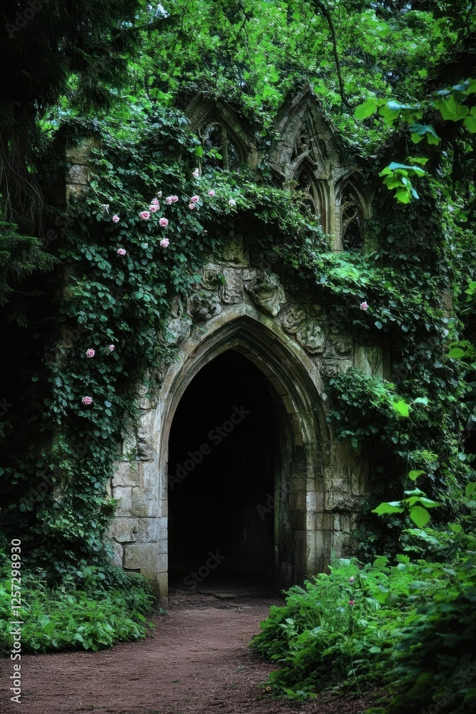 Obraz premium A beautifully crafted archway in botanical garden, covered with blooming roses and ivy, creating fairy-tale-like entrance