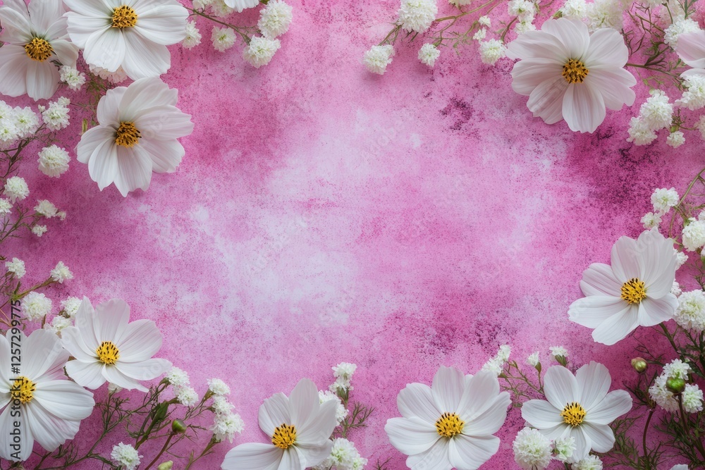 White cosmos floral frame pink textured background White cosmos floral frame pink textured background