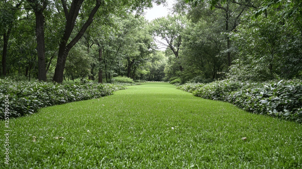 Fototapeta premium Lush green park path, trees, overcast sky, tranquil scene, ideal for relaxation