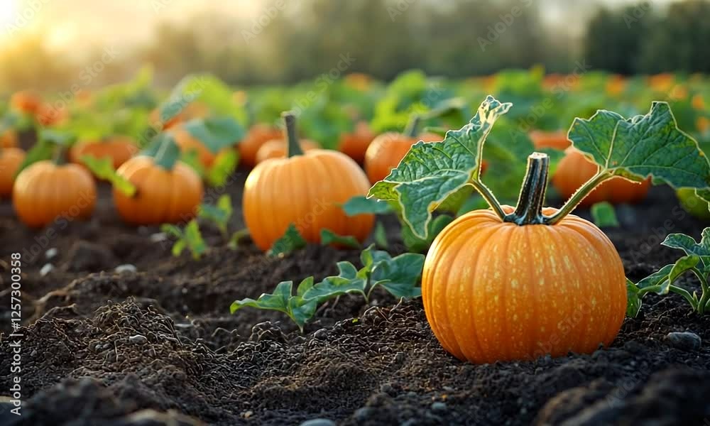 Vibrant pumpkin patch at sunset with lush green leaves and warm sunlight illuminating the scene Vibrant pumpkin patch at sunset with lush green leaves and warm sunlight illuminating the scene