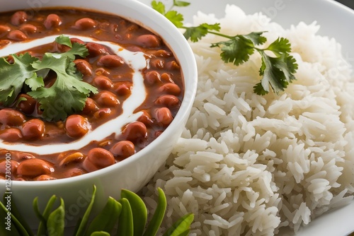 There is a bowl of Rajma rice on a white background.
