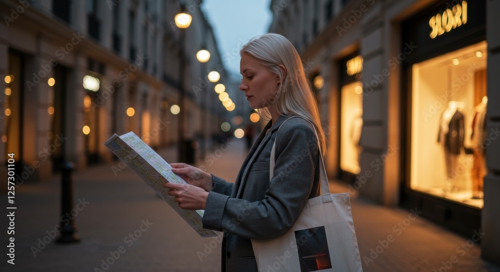 Fototapeta premium Woman Exploring City Street at Night with Map