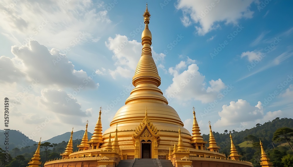 Fototapeta premium Magnificent Golden Pagoda in Thailand: A Stunning Architectural Marvel Against a Blue Sky