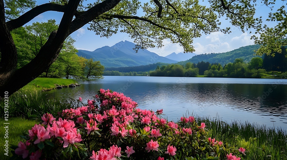 Serene Springtime Lake View: Azaleas in Bloom, Mountain Landscape Photography AI Generated Serene Springtime Lake View: Azaleas in Bloom, Mountain Landscape Photography AI Generated