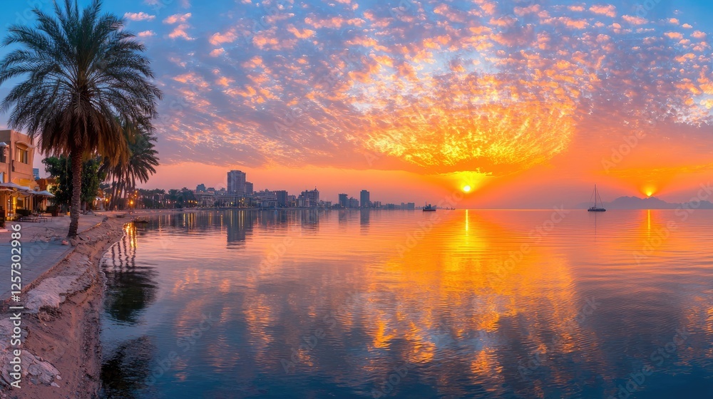 Obraz premium Coastal sunrise cityscape reflection, calm waters