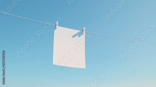 Blank paper sheet drying on clothesline, sunny sky background, mockup