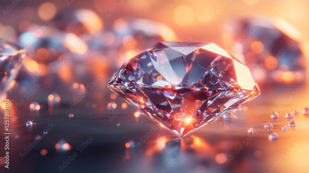 A group of diamonds sparkles beautifully with warm orange lighting A group of diamonds sparkles beautifully with warm orange lighting