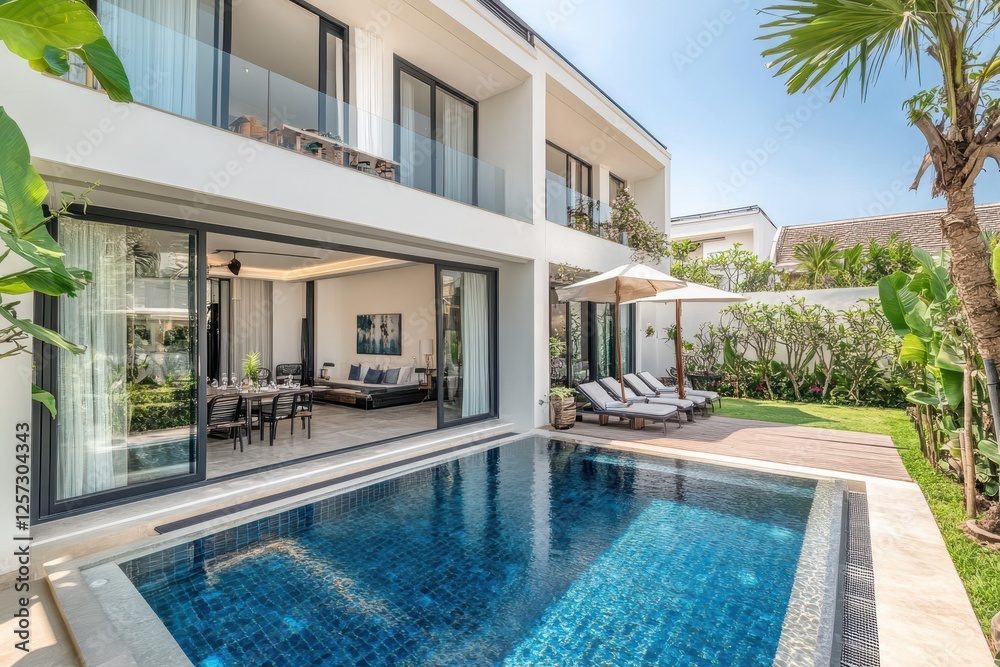Fototapeta premium Modern Villa with Private Pool and Lush Garden in Sunny Setting