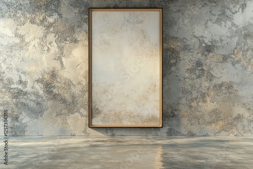 Gallery or living room setting, gray microcement wall, art frame, 3D.