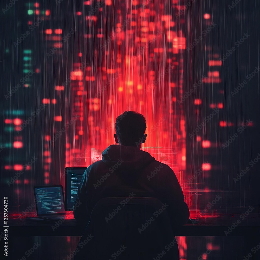 Neon rain falling over a coder working in a dark futuristic cyber city Neon rain falling over a coder working in a dark futuristic cyber city