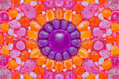 A kaleidoscopic pattern of colorful gummy candies forms an intricate mandala, with bright colors like orange and pink on the outside for contrast against a blue background