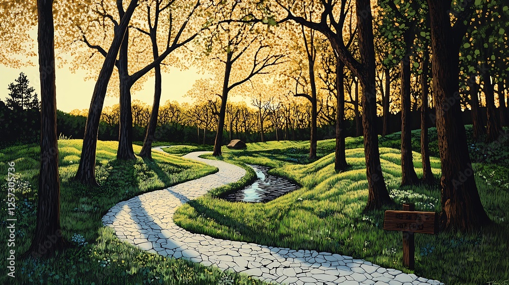 Serene Sunset Stroll: Digital Painting of a Winding Path Through a Lush Woodland AI Generated Serene Sunset Stroll: Digital Painting of a Winding Path Through a Lush Woodland AI Generated
