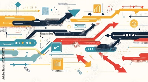 Digital infographic showing the key components of omnichannel marketing using arrows and multicolored paths