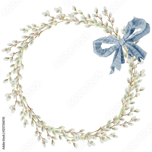 Watercolor illustration of willow wreath with blue bow. Ideal for romantic greeting cards, invitations to weddings or birthdays. Cosmetics, perfumes and home decor. Frame for websites or apps.