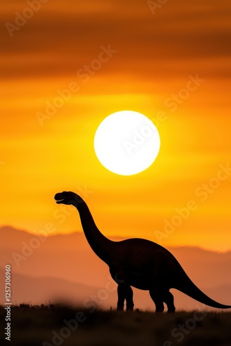 Silhouette of a brontosaurus standing against a blazing sunrise