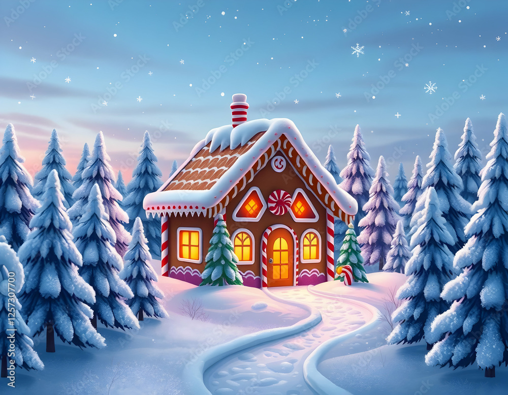 Naklejka premium Generative AI illustration of a whimsical gingerbread house nestled in a snowy winter forest. A magical and festive design perfect for holiday themes, greeting cards, and creative projects.
